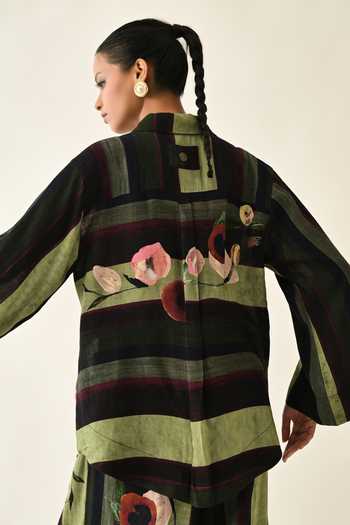 Shop_OFRIDA_Pink Cotton Collared Moss Stripes Jacket _at_Aza_Fashions