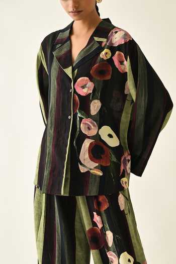 OFRIDA_Pink Cotton Collared Moss Stripes Jacket _at_Aza_Fashions