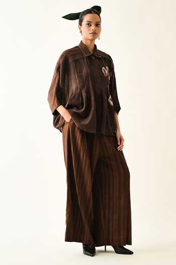 Buy_OFRIDA_Brown Cotton Hand Painted Collared Earth Bloom Shirt Pant Set _Online_at_Aza_Fashions
