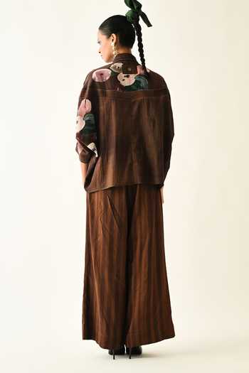 Shop_OFRIDA_Brown Cotton Hand Painted Collared Earth Bloom Shirt Pant Set _at_Aza_Fashions