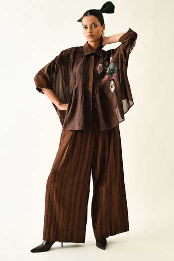 Buy_OFRIDA_Brown Cotton Hand Painted Collared Earth Bloom Shirt Pant Set _at_Aza_Fashions