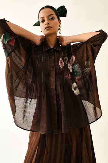 OFRIDA_Brown Cotton Hand Painted Collared Earth Bloom Shirt Pant Set _at_Aza_Fashions