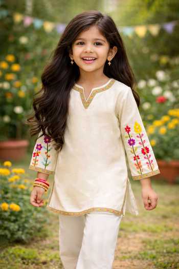 Buy_Rage Attire-Sweta Saria_Off White Cotton, Muslin (mulmul) Embroidery, Zari Sleeve Kurta Set _at_Aza_Fashions