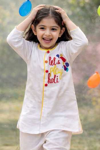 Shop_Rage Attire-Sweta Saria_White Cotton Embroidery, Piping Lets Play Holi Kurta Set _at_Aza_Fashions
