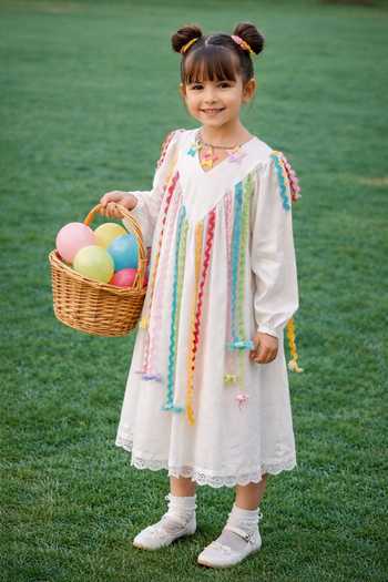 Buy_Rage Attire-Sweta Saria_Off White Cotton, Muslin Bows, Ribbons Fringe Garden Dress _at_Aza_Fashions