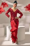 Buy_Sachkiran Bimbra_Red Organza, Satin Sequins, Beads, Stones, Cut Embroidered Jacket And Skirt Set _at_Aza_Fashions