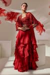 Buy_Sachkiran Bimbra_Red Organza, Chiffon Embroidery, Sequins, Beads, Pre-draped Saree Set With Cape _at_Aza_Fashions