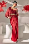 Shop_Sachkiran Bimbra_Red Organza, Satin Embroidery, Sequins, Dabka Work Cape Draped Skirt Set _at_Aza_Fashions