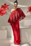 Buy_Sachkiran Bimbra_Red Organza, Satin Embroidery, Sequins, Beads Cape And Draped Skirt Set _at_Aza_Fashions
