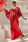 Sachkiran Bimbra_Red Organza, Satin Embroidery, Sequins, Beads Cape And Draped Skirt Set _Online_at_Aza_Fashions