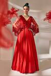 Buy_Sachkiran Bimbra_Red Satin, Net, Chiffon Embroidery, Sequins V-neck Hand Gown _at_Aza_Fashions