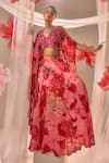 Shop_Sachkiran Bimbra_Pink Organza, Chiffon Sequins, Cut Work Sweetheart Neck Printed Cape Lehenga Set _at_Aza_Fashions