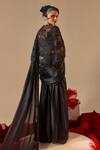 Shop_Sachkiran Bimbra_Black Organza, Satin Sequins, Beads, Pre-draped Saree Set With Embroidered Cape _at_Aza_Fashions