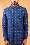 Buy_Spring Break_Blue Viscose, Cotton Satin Embroidery, Zari Navy Sherwani Set _Online_at_Aza_Fashions