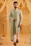 Buy_Spring Break_Green Silk, Dupion, Georgette, Cotton Satin Embroidery Floral Sherwani Set _at_Aza_Fashions