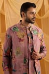 Spring Break_Lilac Silk, Cotton Satin Floral Print Bundi Kurta Set _at_Aza_Fashions