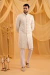 Buy_Spring Break_Cream Viscose, Cotton Satin Embroidery Lucknowi Sherwani Set _at_Aza_Fashions