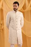 Spring Break_Cream Viscose, Cotton Satin Embroidery Lucknowi Sherwani Set _Online_at_Aza_Fashions