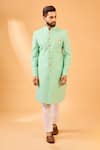 Buy_Spring Break_Mint Silk, , Satin Green Jacquard Sherwani Set _at_Aza_Fashions