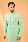 Shop_Spring Break_Mint Silk, , Satin Green Jacquard Sherwani Set _Online_at_Aza_Fashions
