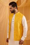 Buy_Spring Break_Mustard Viscose, Cotton Satin Embroidery Yellow Jacket Kurta Set _Online_at_Aza_Fashions
