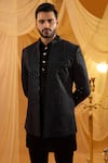 Spring Break_Black Silk, Dupion, Cotton Satin Embroidery Jacket Kurta Set _Online_at_Aza_Fashions