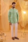 Spring Break_Mint Viscose, Cotton Satin Embroidery Green Open Jacket Kurta Set _Online_at_Aza_Fashions