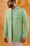 Shop_Spring Break_Mint Viscose, Cotton Satin Embroidery Green Open Jacket Kurta Set _Online_at_Aza_Fashions