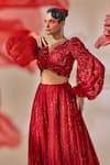 Shop_Sachkiran Bimbra_Red Organza, Satin Embroidery, Sequins, Beads, Cut Work Blouse And Palazzo Set _at_Aza_Fashions