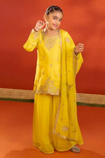 Petite Pomme_Yellow Satin, Organza Embroidery Kurta Set 