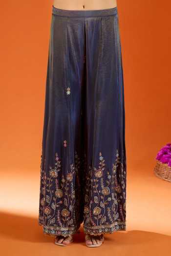 Samyukta Singhania_Blue Silk Zari V-, Sweetheart Embroidered Kurta Sharara Set 