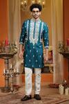AUGUST by Swati Akash Jhunjhunwala_Teal Silk, Dupion Embroidery Butti Work Kurta Set _Online_at_Aza_Fashions