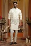 Buy_AUGUST by Swati Akash Jhunjhunwala_Ivory Silk, Dupion Embroidery, Zari Floral Pattern Nehru Jacket Set _at_Aza_Fashions