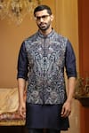 Buy_AUGUST by Swati Akash Jhunjhunwala_Blue Silk, Dupion Embroidery Floral Bloom Nehru Jacket Set _Online_at_Aza_Fashions