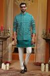 Buy_AUGUST by Swati Akash Jhunjhunwala_Green Satin, Linen Geometric Pattern Nehru Jacket Set _at_Aza_Fashions