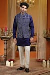 Buy_AUGUST by Swati Akash Jhunjhunwala_Blue Satin, Linen Embroidered Bundi Kurta Set _at_Aza_Fashions