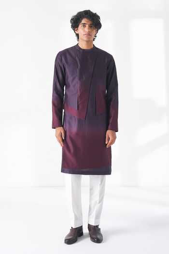 Buy_Dhruv Vaish_Purple Silk, Cotton, Chanderi Ombre Layered Kurta Set _at_Aza_Fashions