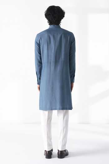 Shop_Dhruv Vaish_Blue Silk, Cotton Embroidery Kurta Set _at_Aza_Fashions