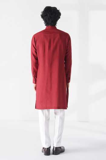 Shop_Dhruv Vaish_Red Silk, Cotton Embroidery Kurta Set _at_Aza_Fashions