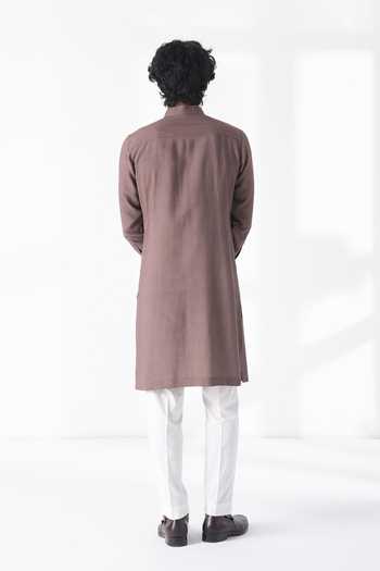 Shop_Dhruv Vaish_Brown Silk, Cotton Embroidery Kurta Set _at_Aza_Fashions