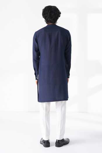 Shop_Dhruv Vaish_Navy Silk, Cotton Embroidery Thread Kurta Set _at_Aza_Fashions