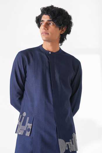 Buy_Dhruv Vaish_Navy Silk, Cotton Embroidery Thread Kurta Set _Online_at_Aza_Fashions
