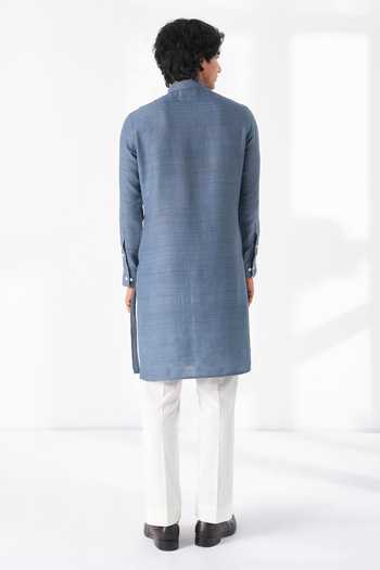 Shop_Dhruv Vaish_Blue Silk Embroidery Thread Motif Kurta Set _at_Aza_Fashions