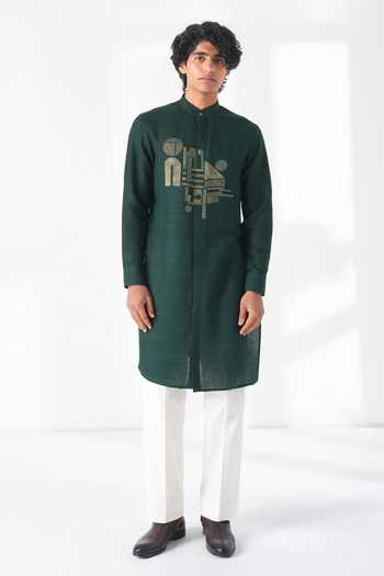 Buy_Dhruv Vaish_Green Silk Zari Thread Embroidered Motif Kurta Set _at_Aza_Fashions