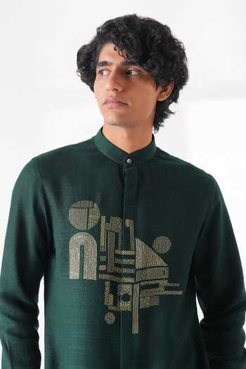 Shop_Dhruv Vaish_Green Silk Zari Thread Embroidered Motif Kurta Set _Online_at_Aza_Fashions