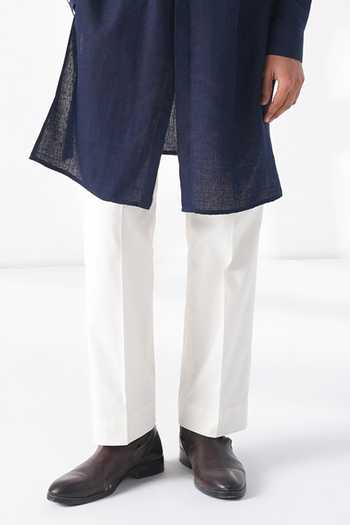 Dhruv Vaish_Navy Silk Embroidery Thread Motif Kurta Set _Online_at_Aza_Fashions