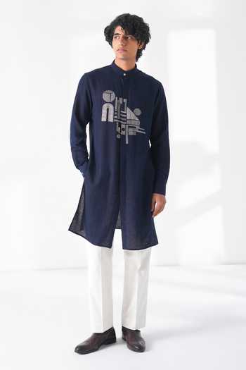 Buy_Dhruv Vaish_Navy Silk Embroidery Thread Motif Kurta Set _at_Aza_Fashions
