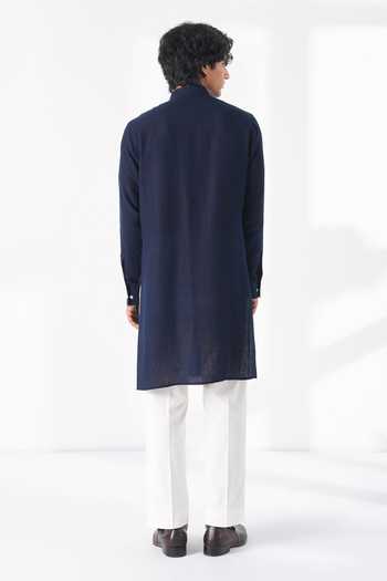 Shop_Dhruv Vaish_Navy Silk Embroidery Thread Motif Kurta Set _at_Aza_Fashions