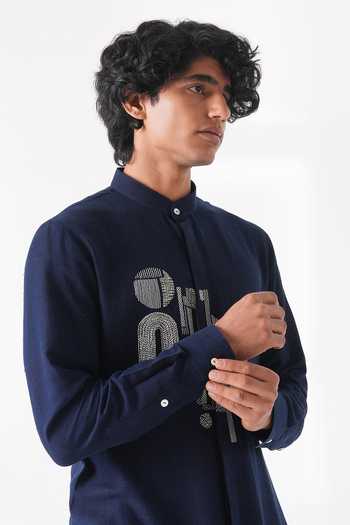 Shop_Dhruv Vaish_Navy Silk Embroidery Thread Motif Kurta Set _Online_at_Aza_Fashions