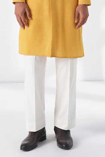 Dhruv Vaish_Yellow Silk Embroidery Thread Motif Kurta Set _Online_at_Aza_Fashions